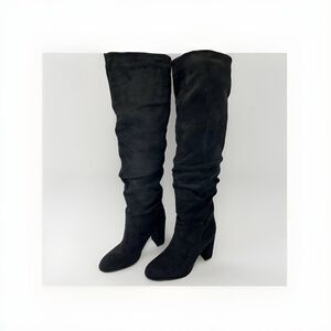 Simmi Sylvestor Black Faux Suede Block Heel Slouch Knee High Boots